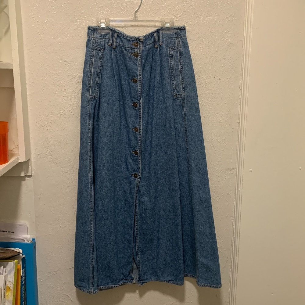 VINTAGE 80's Button Up Denim Maxi Skirt